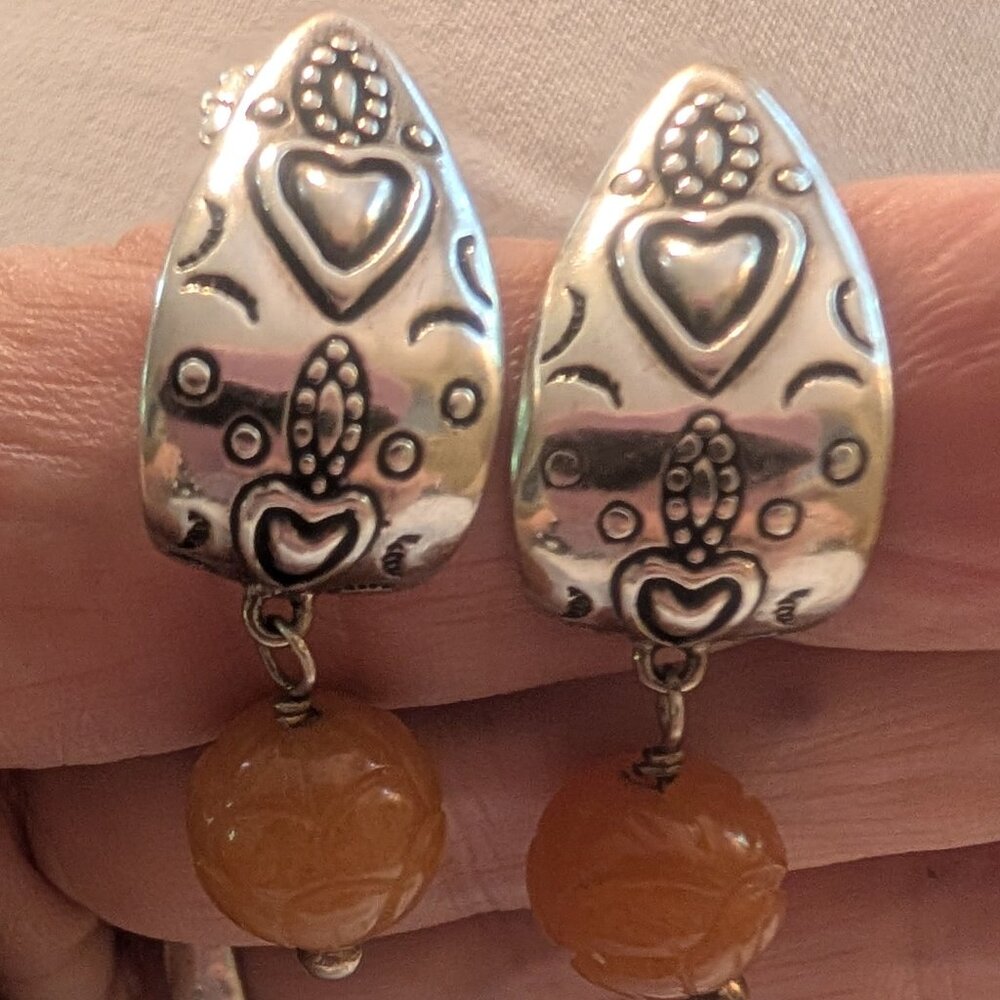 Carolyn Pollack sterling silver earrings with etched heart design and carved car
